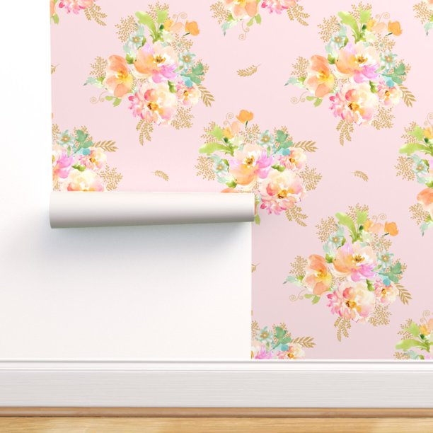 PeelandStick Removable Wallpaper Pink Floral Gold Cottage Chic