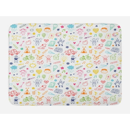 Doodle Bath Mat, Childlike Drawing of Children Sun Ethnic Tent Various Other Child Friendly Things, Non-Slip Plush Mat Bathroom Kitchen Laundry Room Decor, 29.5 X 17.5 Inches, Multicolor, (Best Thing To Put In The Bath For Chickenpox)