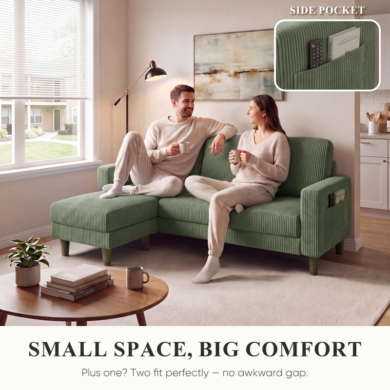 Lacoo L-Shaped Sofa Couch, 72" Modern Reversible Chaise Cloud Sofa with Cushions for Living Room, Apartment and Small Space, Corduroy Green