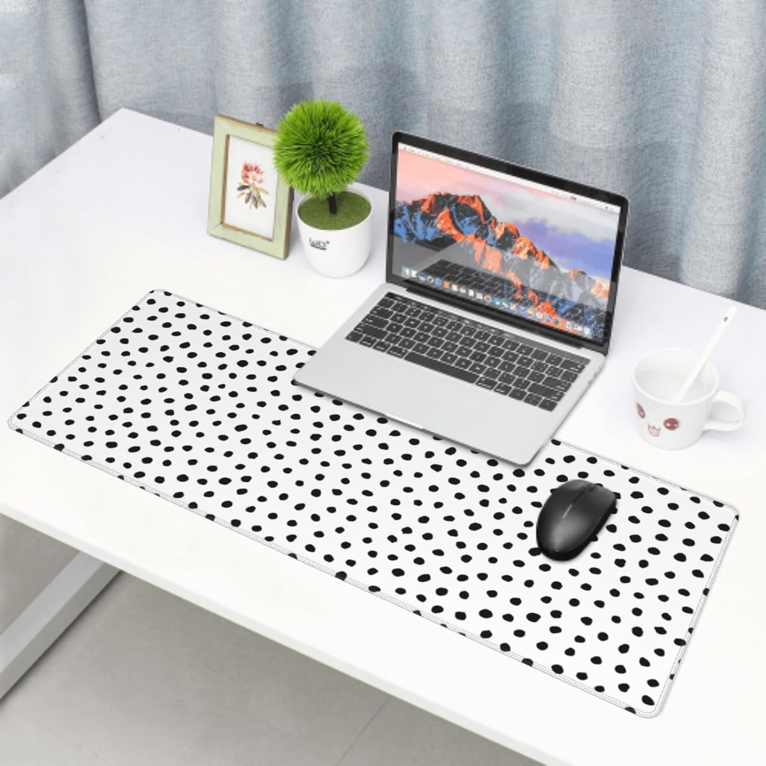 Black White Dot Boho Mouse Pad 31.5 X 11.8 Inch XL Cute Polka Dots Gaming Mousepad Extended Large Laptop Keyboard Mouse Mat Non-Slip Rubber Base with Stitched Edges for Home Office