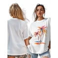 thumbnail image 6 of Women's T-Shirt Orange Summer Palm Trees Beach Short Sleeve Casual Tee Classic Crew Neck T Shirt for Women White, L, 6 of 7