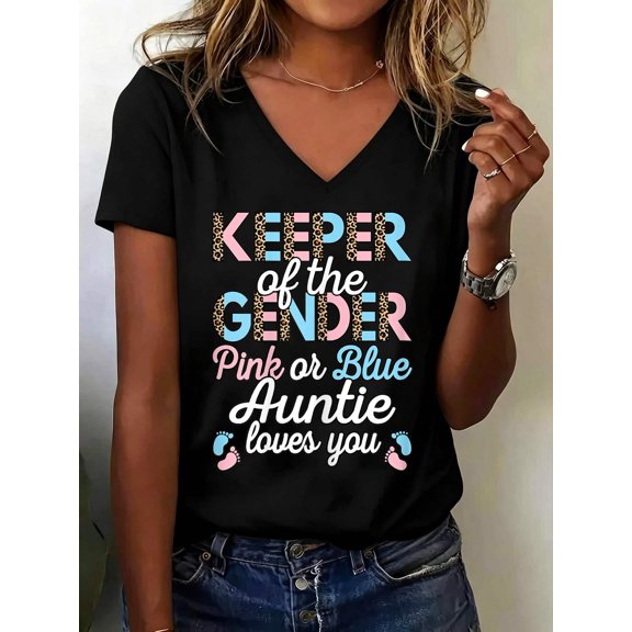 Keeper of The Gender Auntie Loves You Baby Shower Aunt Women V Neck T-Shirt Cotton Women's V Neck Graphic Tee, Casual Short Sleeve Shirt,Vacation Outfit