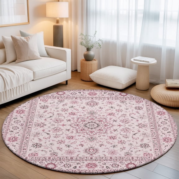Central Floral Medallion 7' Round Rugs for Living Room Conversation Area, Rustic Classic Pink Line Arabesques Washable Non Slip Large Circle Area Rug Under Dining Table