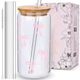 thumbnail image 1 of Set de vaso de cristal BIPEDS Coquette con lazo rosa con tapa y pajita, 1 of 6