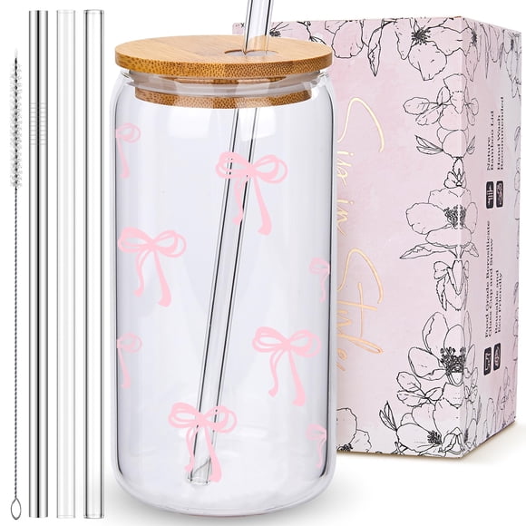 Set de vaso de cristal BIPEDS Coquette con lazo rosa con tapa y pajita