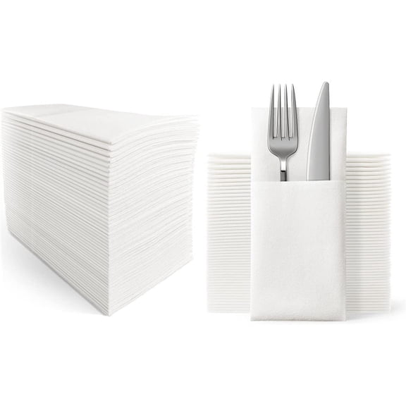 Disposable Dinner Napkins Cloth Like with Built-in Flatware Pocket,Wedding Party Linen Feel White Napkin, Prefolded for Silverware,15.74"x15.74" Pack of 50
