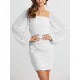 thumbnail image 3 of DAKIMOE Women's Mesh Long Sleeve Square Neck Ruched Party Club Cocktail Bodycon Mini Dress, White Dresses for Women, S, 3 of 9