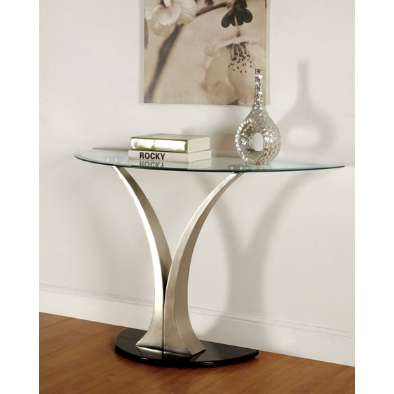 Furniture Of America Valo Glass Top Sofa Table With Satin Plated V Pedestal Base