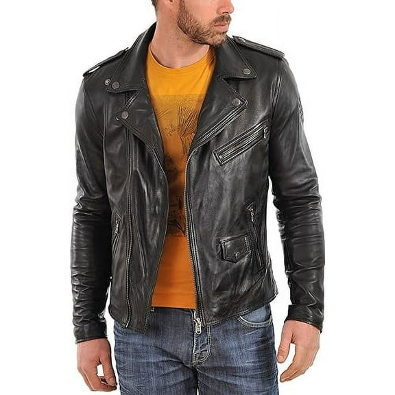 Mens Sheepskin Real Leather Jacket Zipper Biker Moto Slim Fit Jacket MJF029