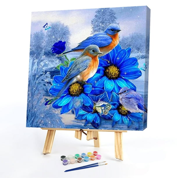 Cuadros Decorativos Kit de pintura al óleo de flores y pájaros azules por números pintura acrílica DIY sin marco Wdftyju embutido en tela