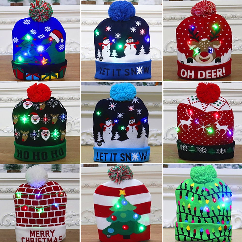 Light Up Christmas Hat LED Christmas Beanie, Cartoon Dog X-mas Knitted Hat for Adults and Kids New Year and X-mas Supplies Red