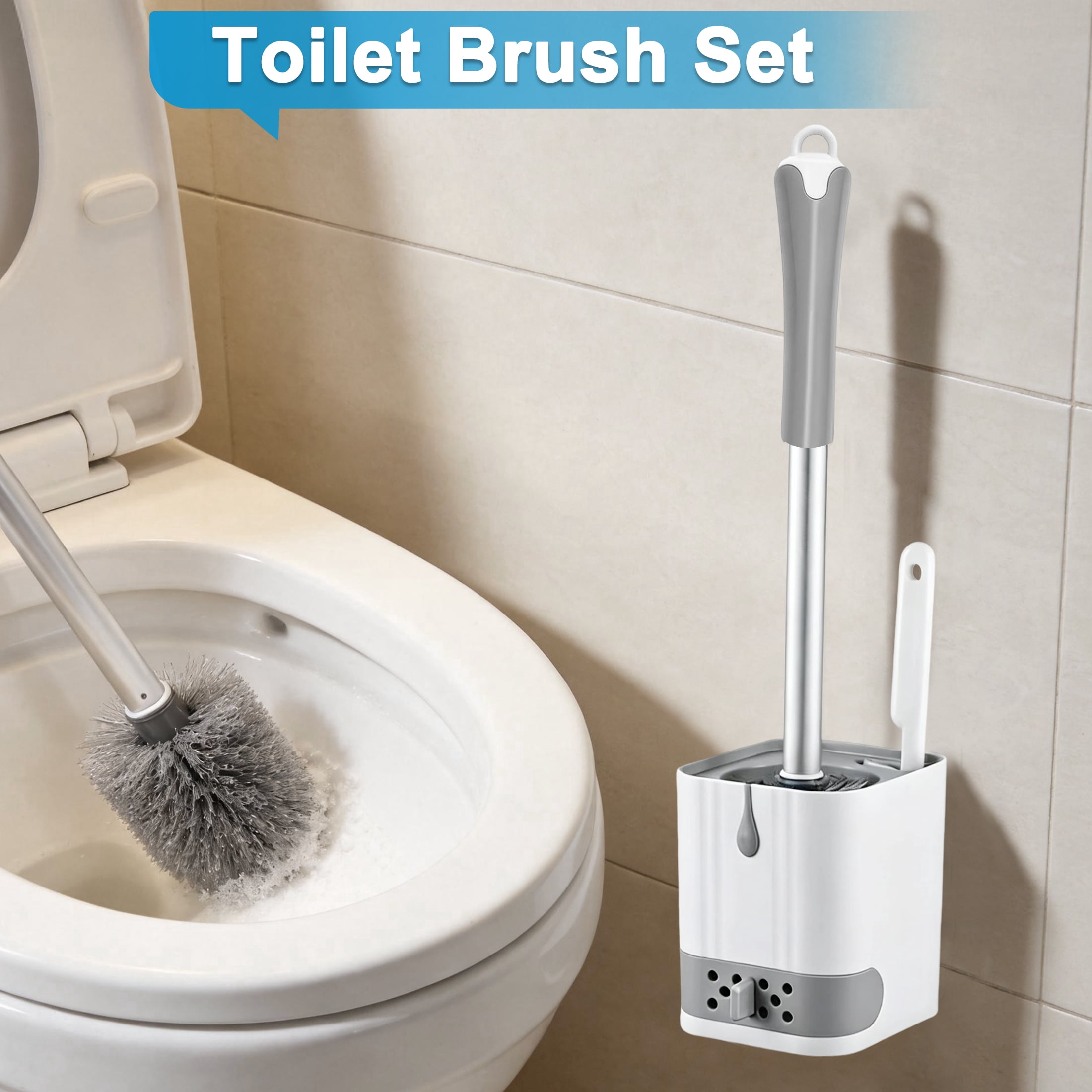 2 Pack Toilet Brush and Holder Set with Side Mini Brush, Toilet Brush Set with Drainage Drawer, Wall Mount & Freestanding Bathroom Toilet Cleaner Brush, Long Handle Toilet Bowl Cleaning Brush
