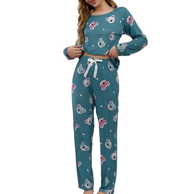 XDZJLR Ensemble de Pyjama pour Femmes Manches Longues Confortable Deux Pièces Confortable Coupe Décontractée Pjs Bleu m
