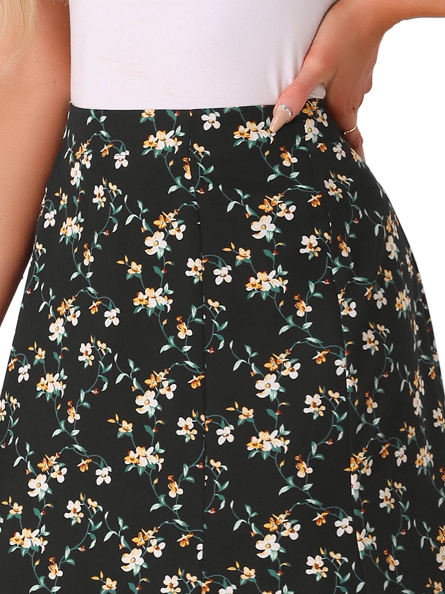 DARING DIVA Women's Elastic Waist A-Line Floral Print Midi Skirt S Black White
