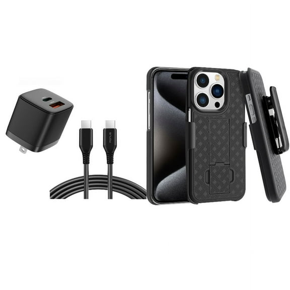 Case Belt Clip & 38W PD Home Charger for iPhone 15 Pro - Holster Swivel Cover Kickstand and Fast Type-C 6ft Long Cable USB-C Power Cord J4W for iPhone 15 Pro (6.1")