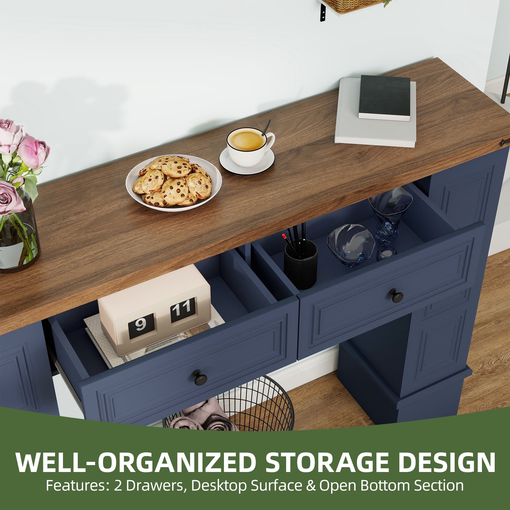 Uforic Console Table with Storage Drawers, Sofa Table for Living Room Entryway, Blue