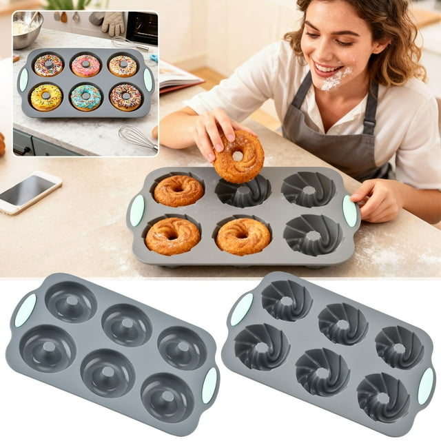 Moldes de silicona para donas con bandeja de 6 cavidades | Utensilios redondos reutilizables y antiadherentes para hornear | Apto para horno, microondas y congelador | Borde de acero para un