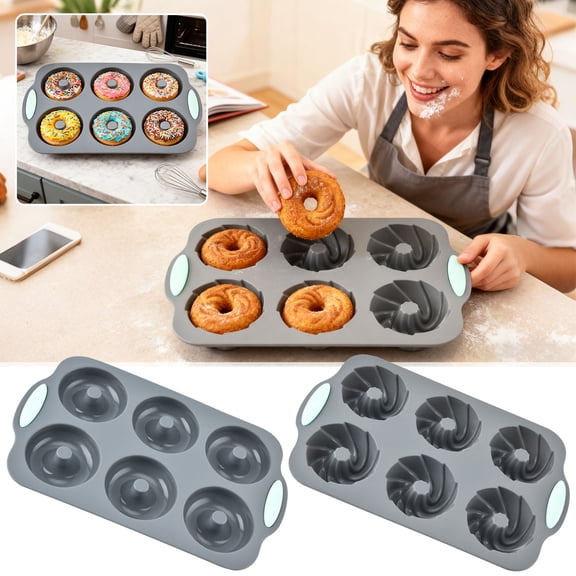 Silicone Donut Molds 6-Cavity Reusable Non-Stick Baking Tray | Flexible Food-Grade Rings with Steel Rim | Oven, Microwave, Freezer | Multi-Use for Donuts, Bagels, Ice Cubes