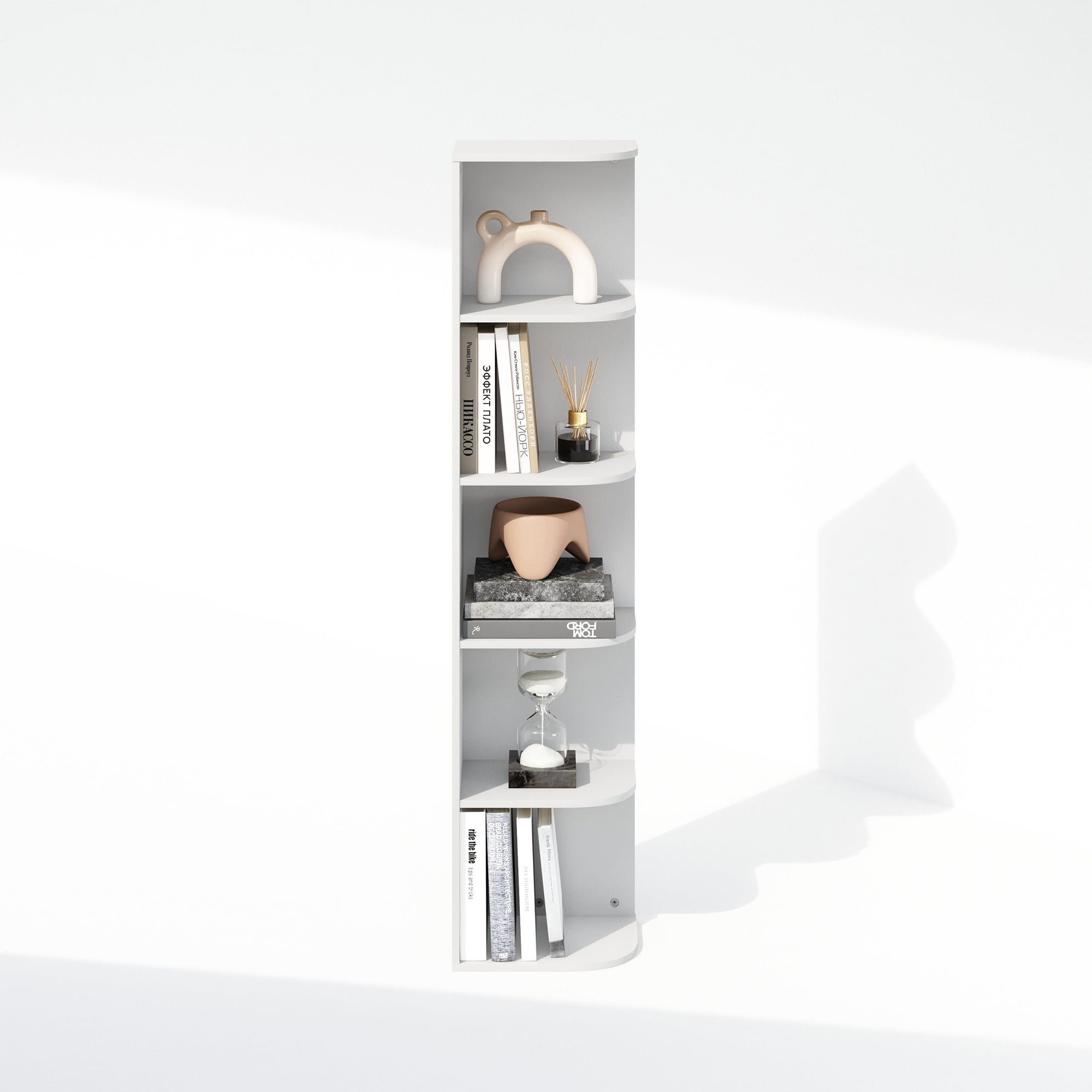 Furinno Reed 5-Tier Space Saving Corner Storage Display Shelf, Bookshelf, White