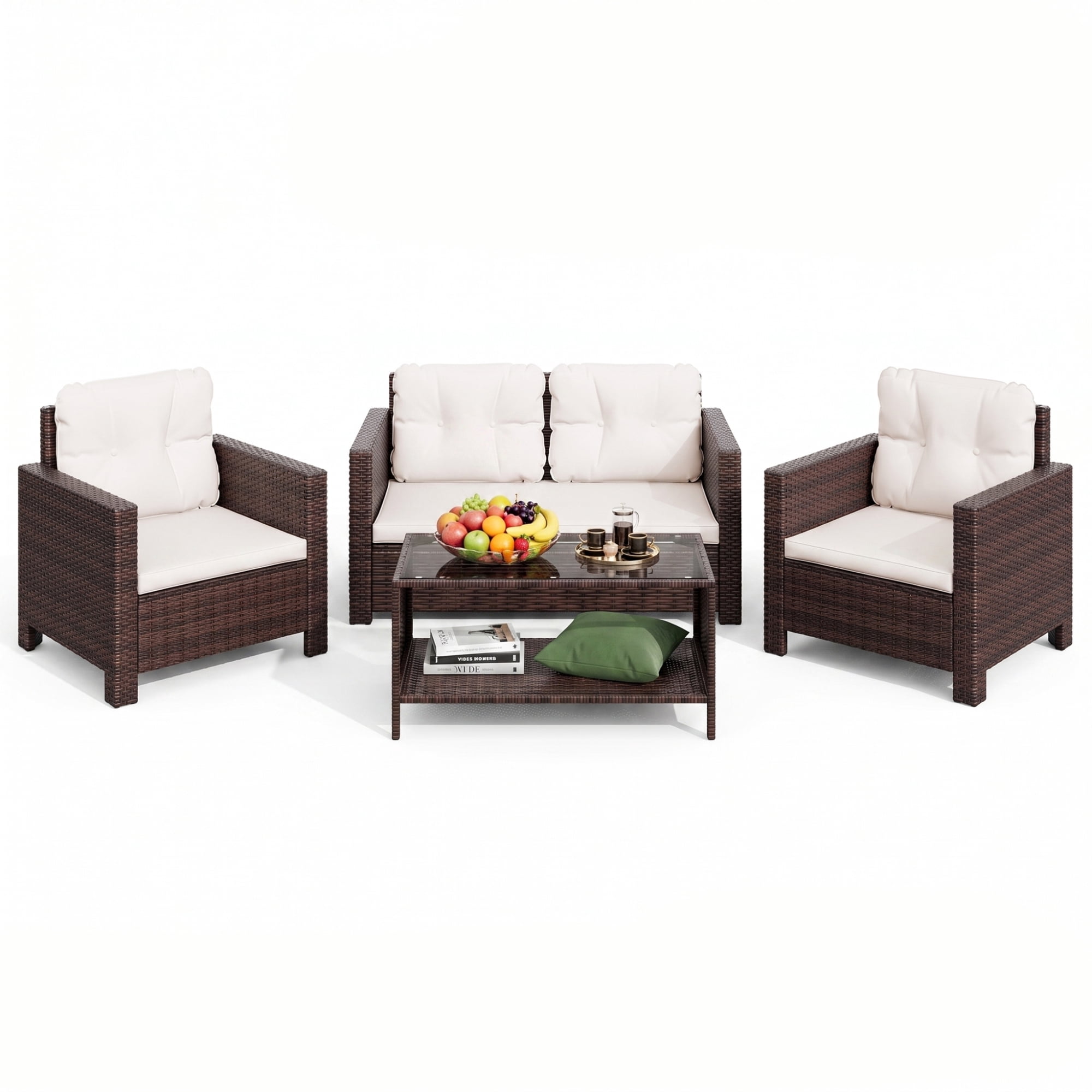 Lacoo 4 Pieces Patio Furniture Sets Rattan Chair Wicker Conversation Sofa Set Outdoor Tble and Chairs for Backyard Porch Garden Poolside Balcony, White