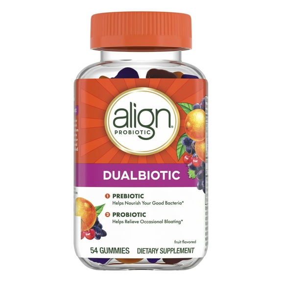 Align Dualbiotic, Prebiotics and Probiotics for Women and Men, Probiotics for Digestive Health, Prebiotics Help Nourish Good Bacteria, Natural Fruit Flavors, 54 Probiotic Gummies