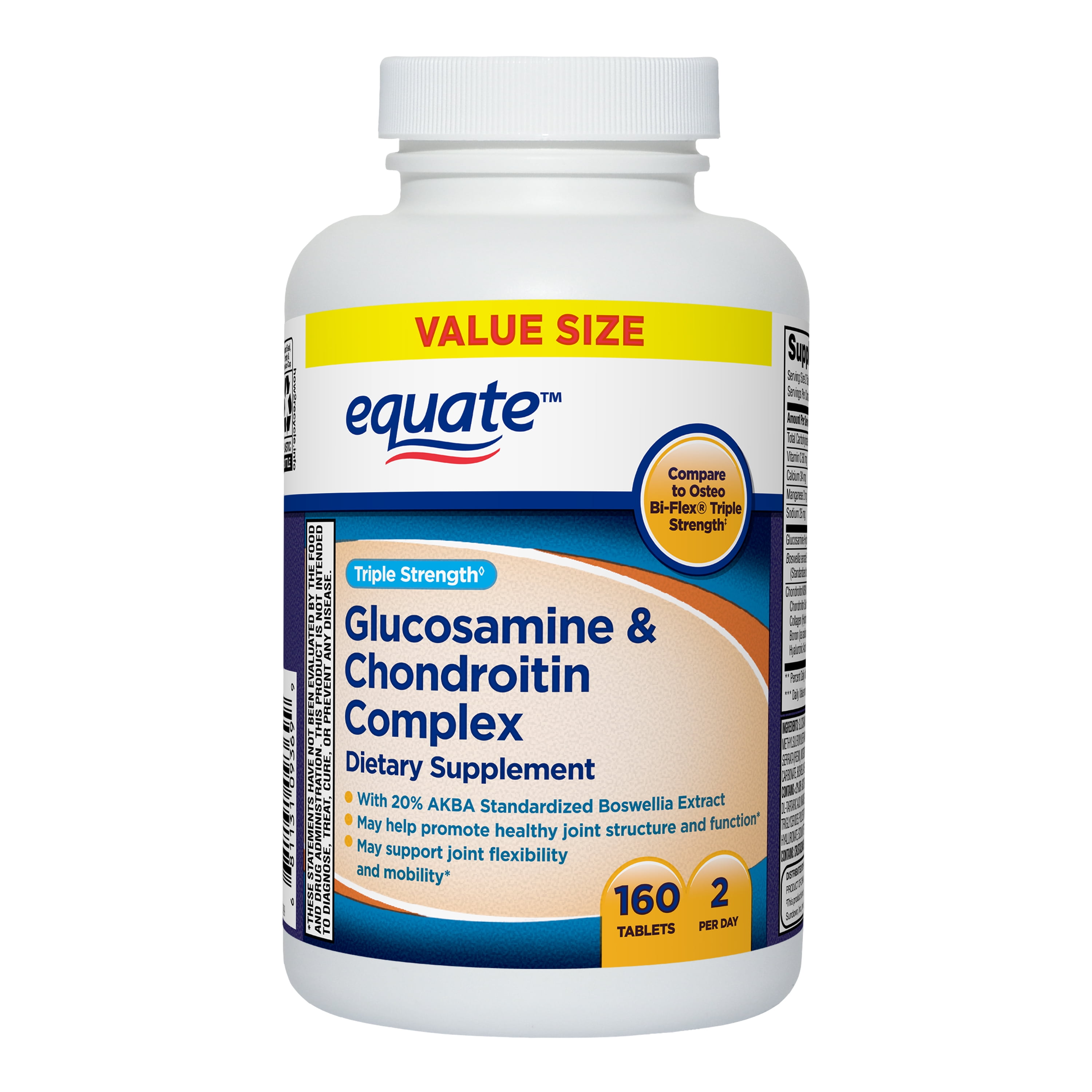 Equate Triple Strength Glucosamine & Chondroitin Complex Tablets Dietary Supplement Value Size, 160 Count