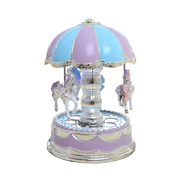 Luxury Carousel Music Box 3 Horses Rotate LED Light Luminous Rotation  (Purple)