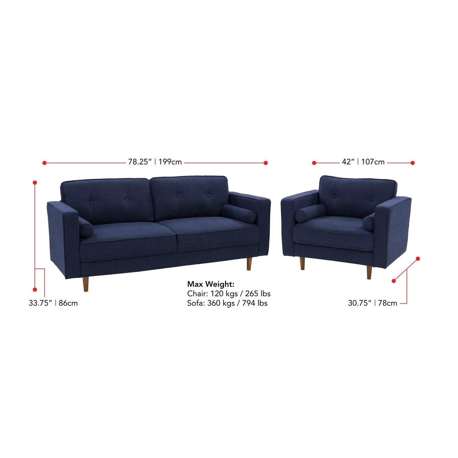 CorLiving Mulberry 2-Piece Mid-Century Modern Fabric Upholstered Living Room Set with Sofa and Chair, Navy Blue