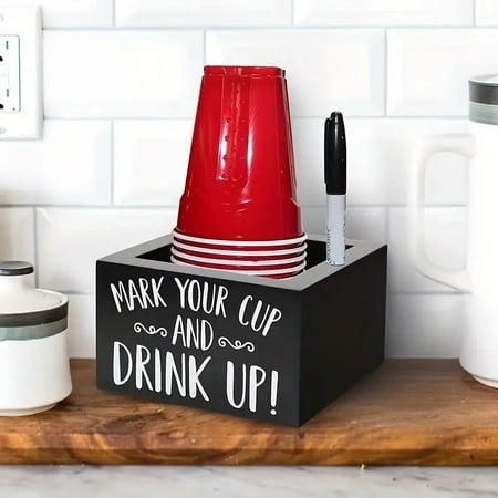 

Dadatutu Wood Disposable Cup Holder with Marker Slot Mark Your Cup and Drink Up Plastic Cup Organizer Drink Dispenser for Wedding Party Kitchen Decor