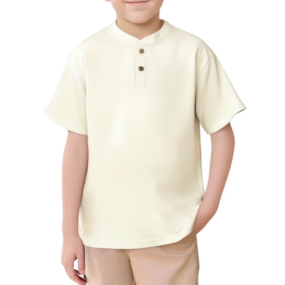 Ticikt Boys Short Sleeve Henley Shirt Kids Casual Button Front Summer T-Shirts Tops Tees,Color:Beige,Size:13-14 Years
