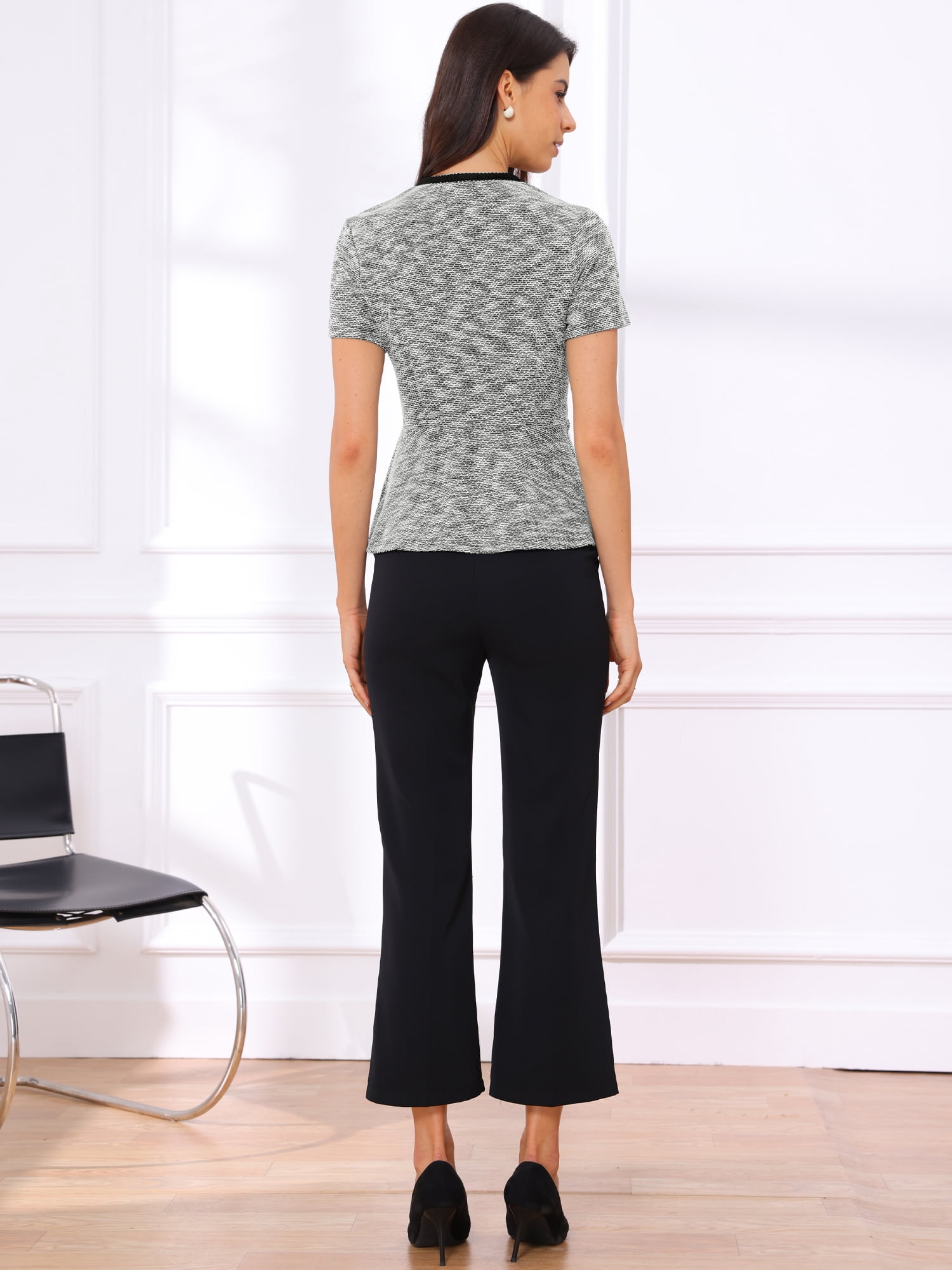 DARING DIVA Women's Elegant Plaid Crew Neck Short Sleeve Peplum Blouse L Black