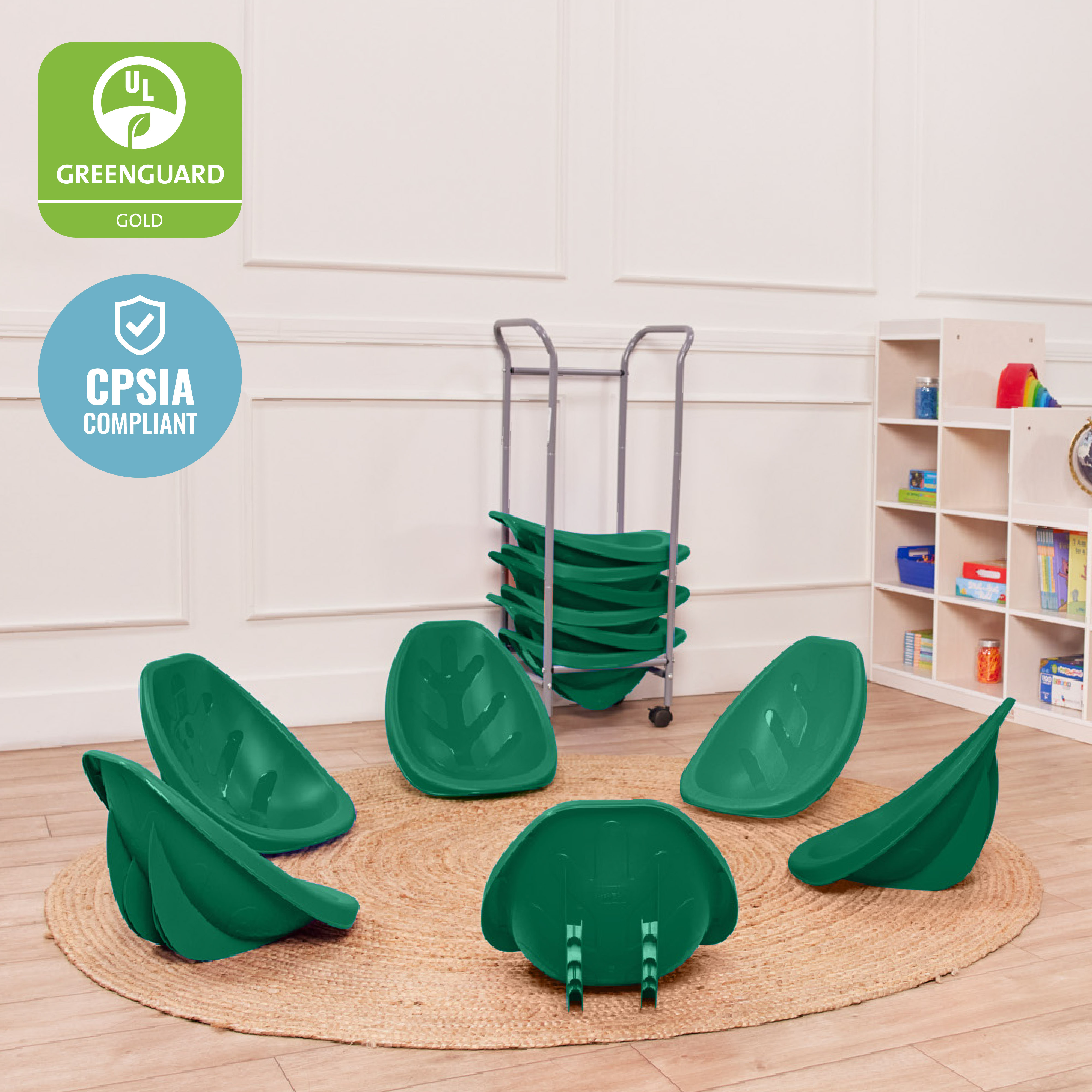 ECR4Kids Leaf Floor Seats with Mobile Leaf Seat Cart, Flexible Seating, Green, 12-Piece
