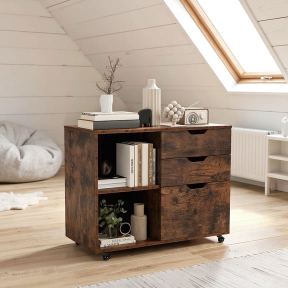 Barara King File Cabinet, File Stroage Organizer,3-Drawer File Cabinet with Adjustable Shelf and Wheels for Letter-Rustic Brown