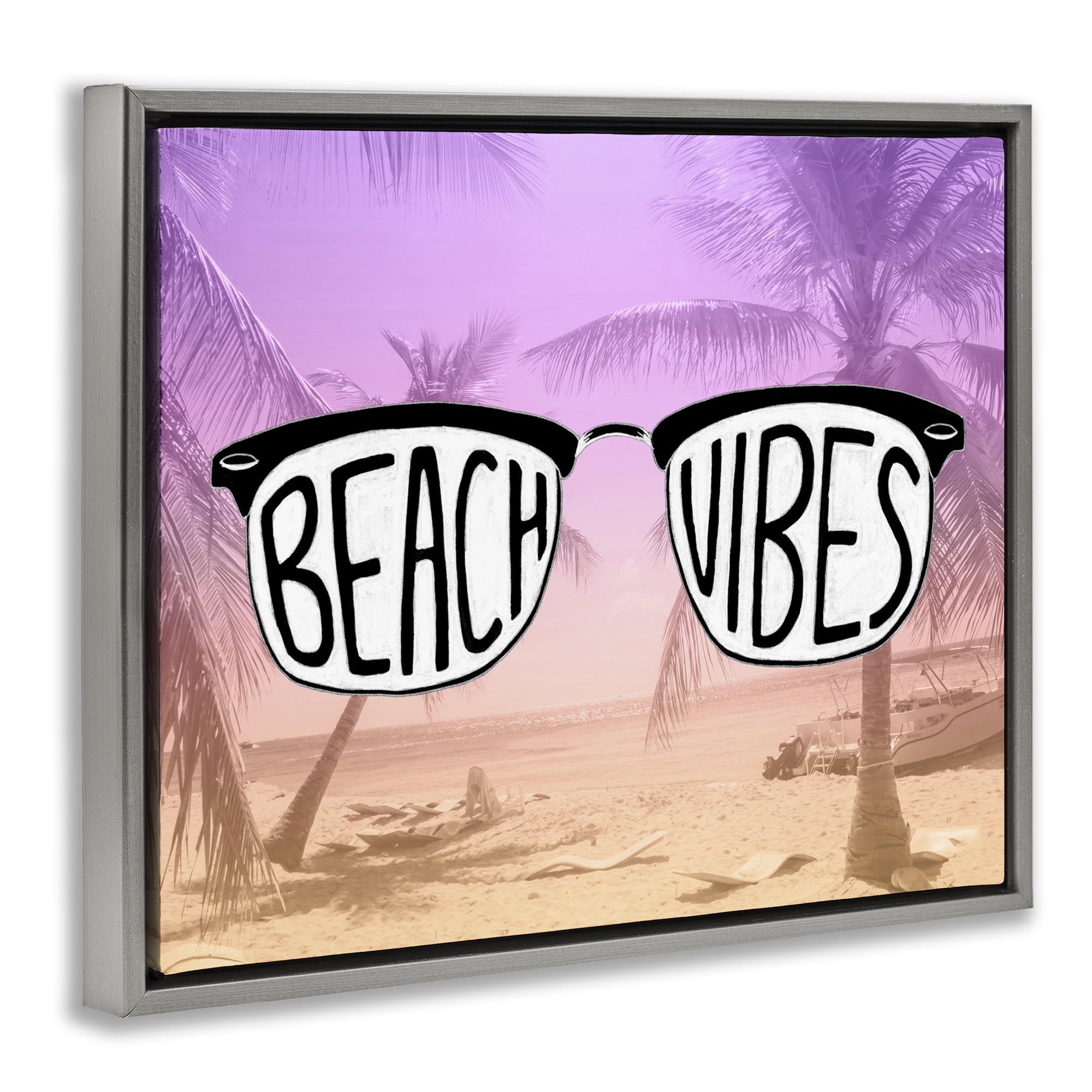 Stupell Industries Tropical Beach Vibes Typography Painting Gray Floater Framed Canvas Art Print Wall Art, 21 x 17