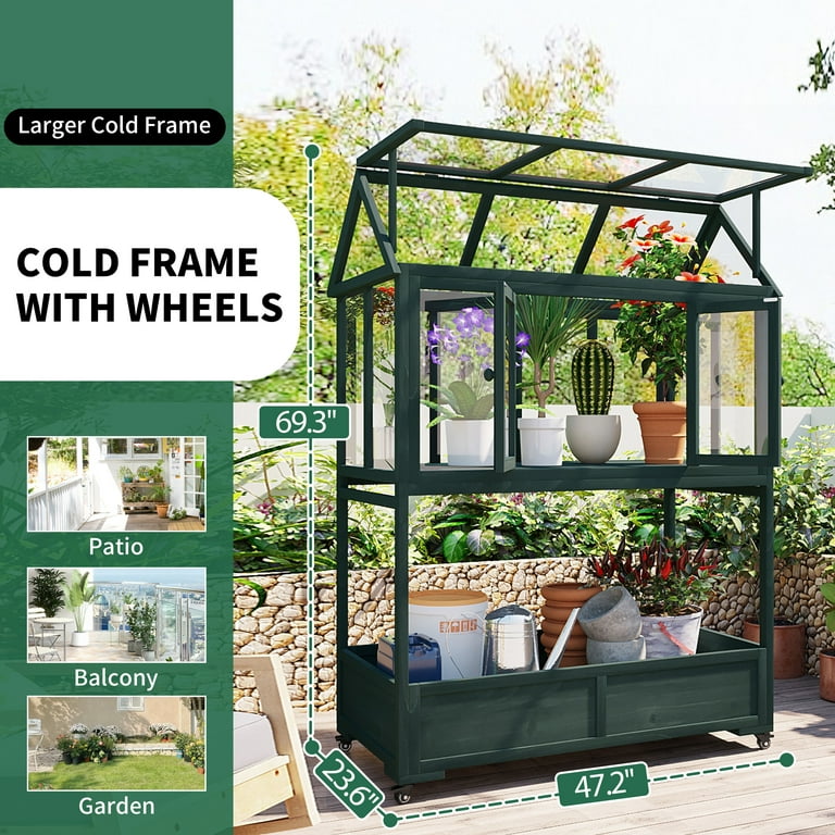 Yoneston Garden Wood Portable Cold Frame with Movable Wheels Mini