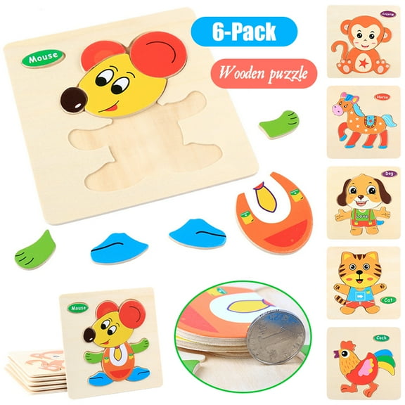 Amerteer 6 Packs Educational Animal Wooden Puzzles Wooden Animal Puzzles for Children Early Learning Preschool Educational,Animal Jigsaw Puzzles for Boys and Girls with Bright Vibrant Colors