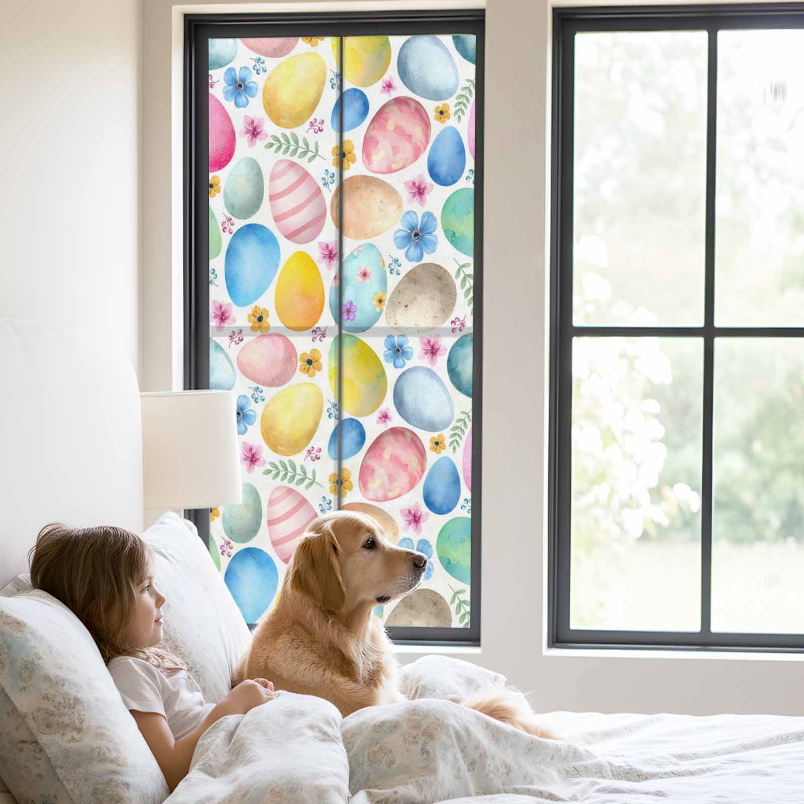 Easter Colored Eggs Window Privacy Film, Blue Pink Orange Flower Leaf Spring Frosted Glass Window Clings Static Cling UV Heat Blocking Reusable Door Sticker for Bathroom 23.6 x 59 Inch