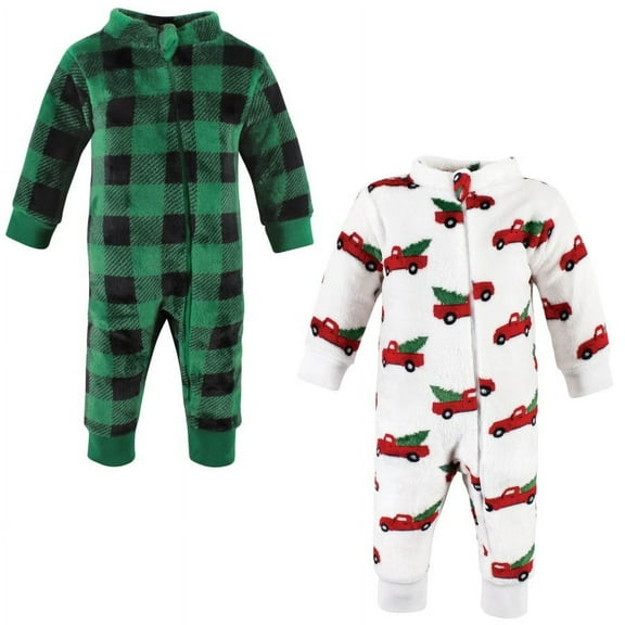 Hudson Baby Unisex Baby Plush Jumpsuits, Christmas Tree Truck, 0-3 Months