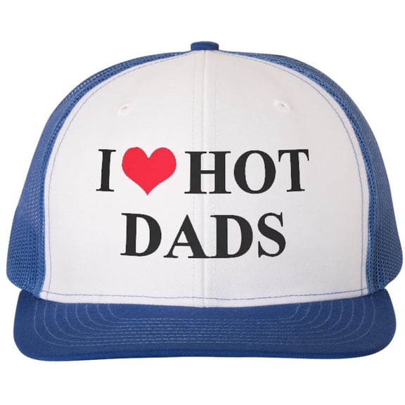 I Heart Hot Dads Embroidered Trucker Hat Funny Gag Love Funny Mesh & Snap Back Cap, White/Royal Blue