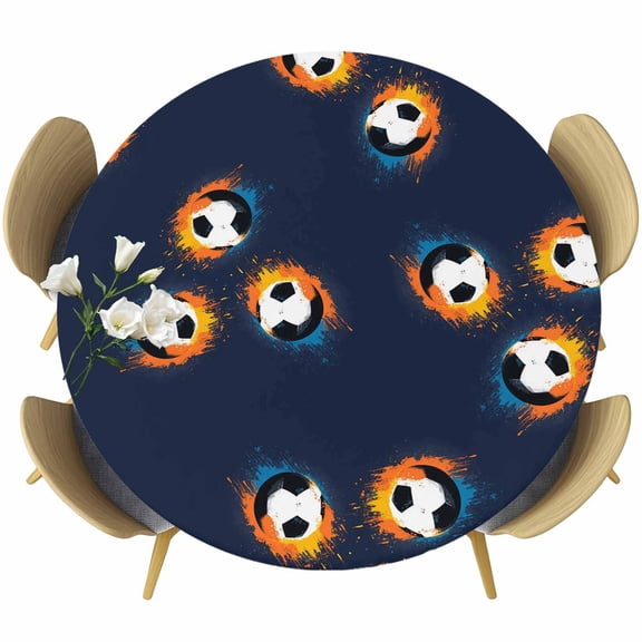 Navy Blue Soccer Round Tablecloth 45-54 Inch Round Fitted Table Cloth with Elastic Edge, Orange Blue Football Sports Waterproof Table Cover Protector for Outdoor Picnic Party Dining