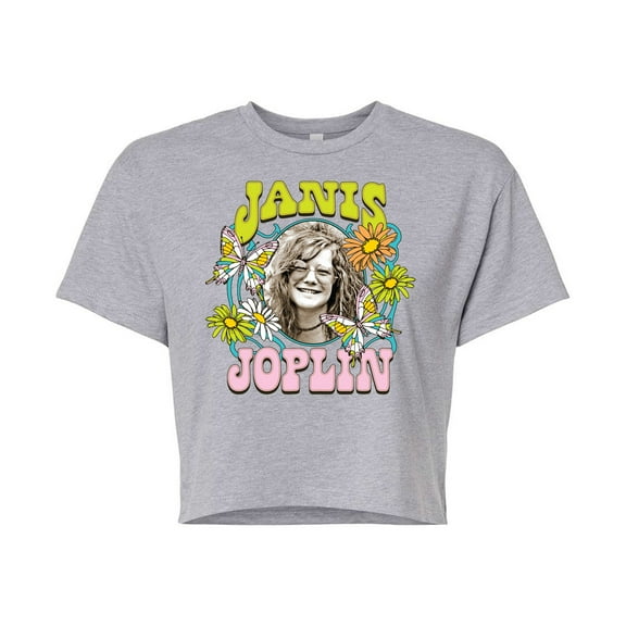 Janis Joplin - Butterfly And Flowers - Juniors Cropped Cotton Blend T-Shirt