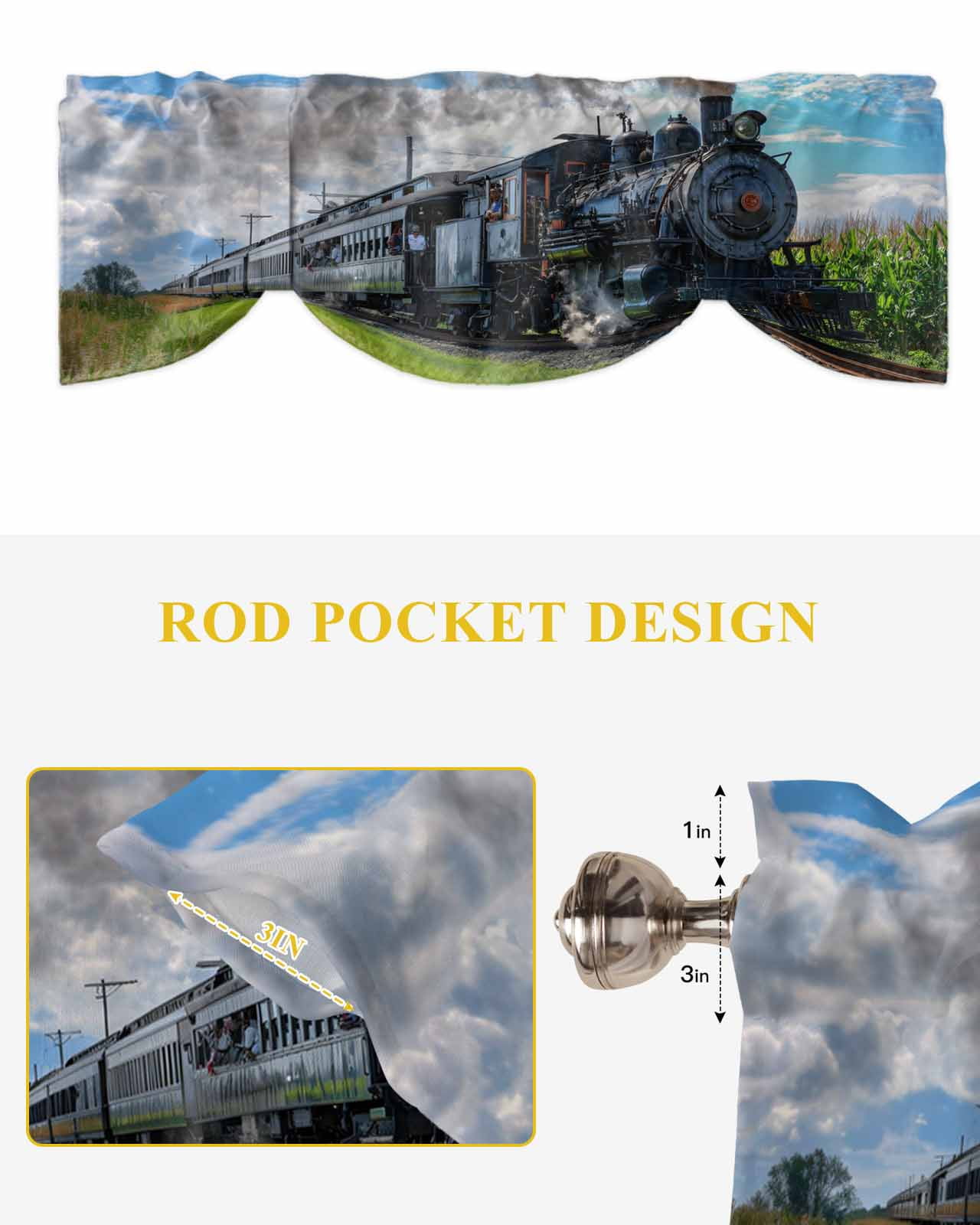 Steam Train Tie Up Valances Curtain, Adjustable Kitchen Railways Trees Landscape Modern Valances for Windows Decor, Rod Pocket Short Curtains Set for Bedroom/Bathroom, 54"x18"