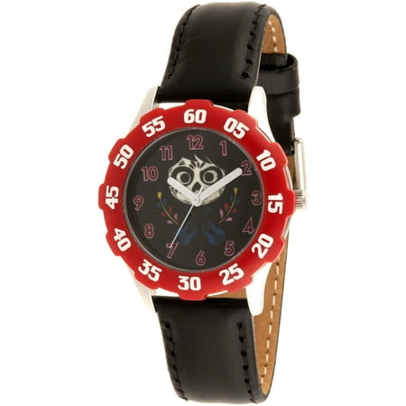 Black Bezel Watch - Disney Coco Miguel Boys' Stainless Steel Watch, Red Bezel, Black Leather Strap