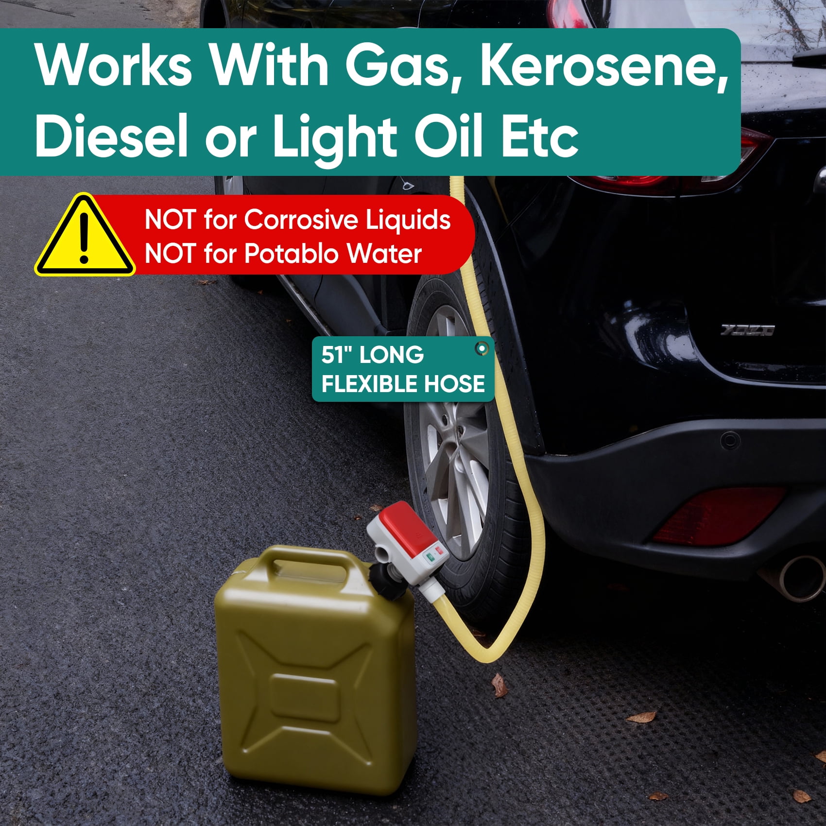 Portable transfer pump,Automatic Transfer Pump with Auto-stop Sensor,3.2GPM & 51" Hose & 3 Size Adapters Battery Powered Gas Can Pump with Leak Protection for Gasoline,Diesel,Kerosene