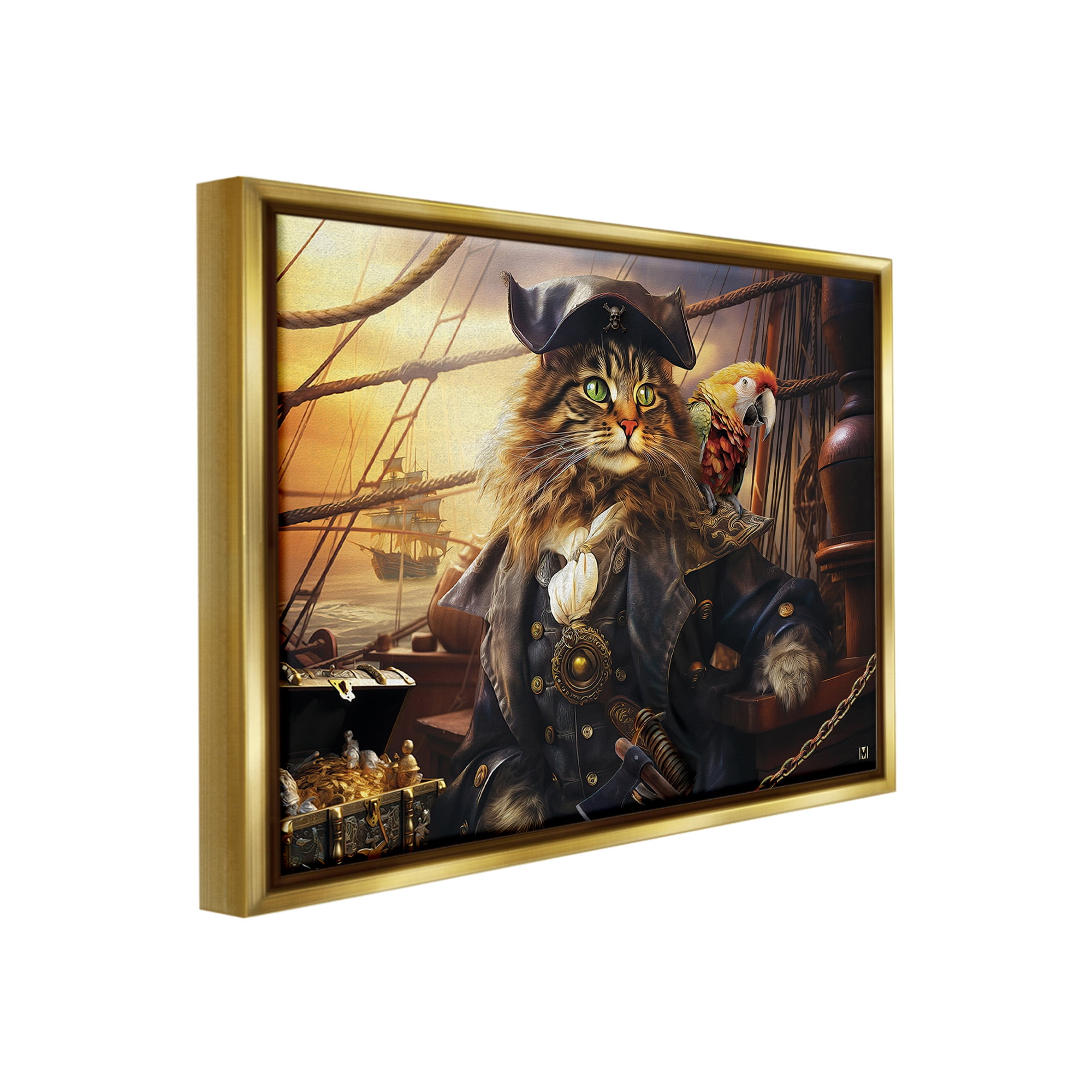 Stupell Industries Pirate Cat on Ship Animals & Insects Painting Gold Floater Framed Canvas Art Print Wall Art, 31 x 25