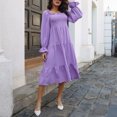 thumbnail image 2 of Vestido de manga larga con farol para mujer, hombros descubiertos, pecho fruncido, manga con volantes, dobladillo de color sólido, vestido morado XL, 2 of 6