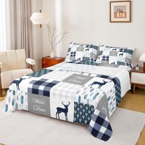 Manfei Rustic Deer Child Full Size Sheets, Vintage Blue Buffalo Plaid Bed Sheets, Kawaii Cartoon Animal Sheet Sets, Microfiber Bedroom Decor, 4pcs