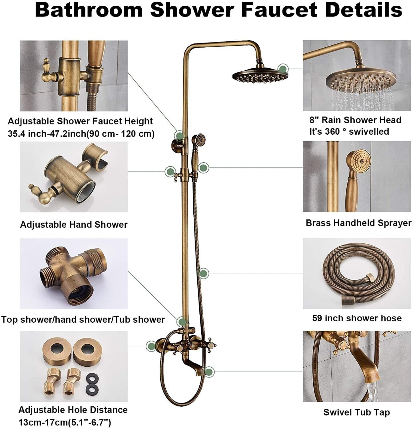 Antique Brass Bathroom Shower Faucet mixer set Rainfall Twin Head kit Tub Spout Exposed