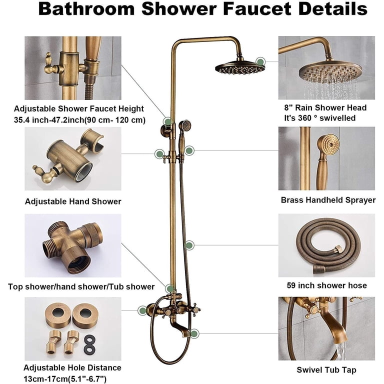 OUBONIt 8" Rainfall Shower Set – Antique Copper With Hand Shower & Tub Mixer Tap
