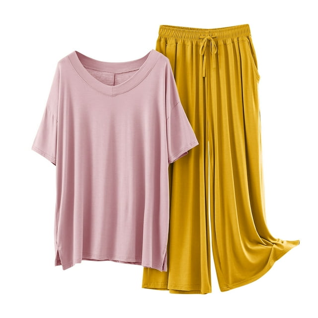 Pyjama en Modal pour Femmes Ensemble de Nuit Deux Pièces Manches Courtes Hauts Pantalons Larges Longs Automne Été Pjs Pyjama Rose, TG